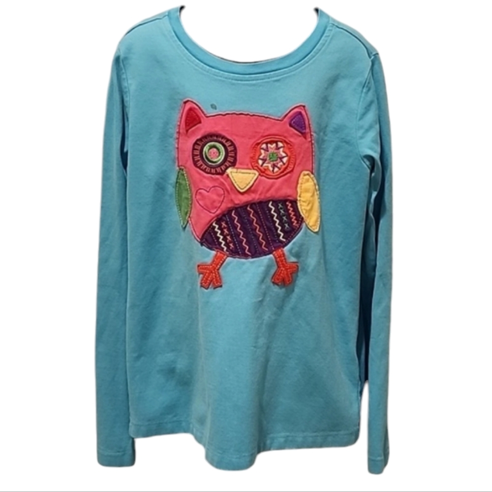 Hanna Andersson Blue Teal Patchwork Owl Applique Long Sleeve Tshirt 130